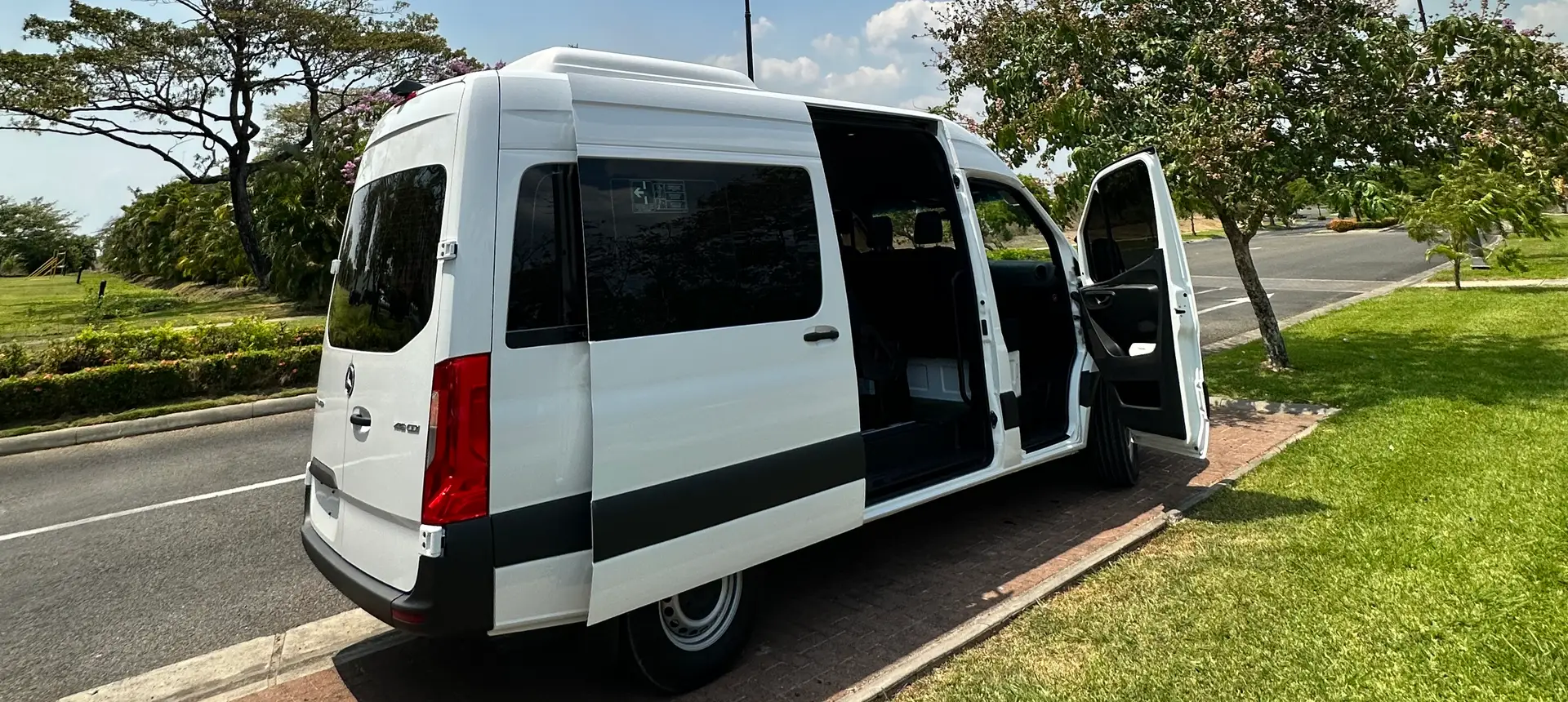 Mercedes-Benz Sprinter with its door open, among trees